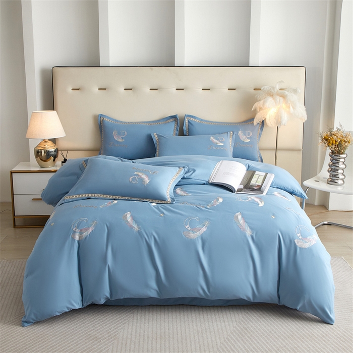 91家纺网 家纺一手货源 找家纺 佳宇轩 2025新款亲肤水洗棉刺绣四件套系列 蜜羽-湖蓝