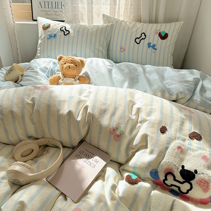 91家纺网 家纺一手货源 找家纺 澳梵家居 2025新款小清新全棉印花毛巾绣四件套 骨头小狗