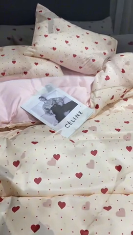 91家纺网 家纺一手货源 找家纺 2025新款爱心系列高克重数码印花水洗真丝四件套 爱心-粉