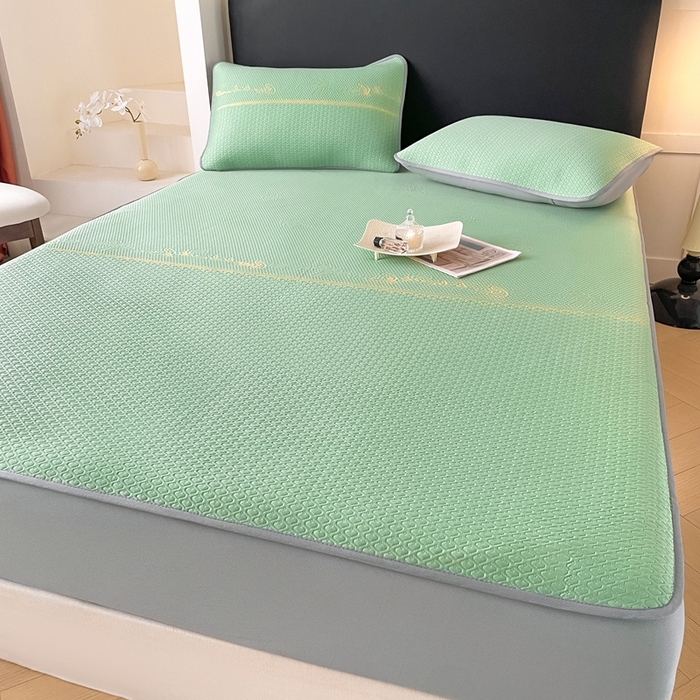 91家纺网 家纺一手货源 找家纺 欧邦 2025新款提花冰豆豆凉席三件套-幸运草 床笠款-幸运草-绿