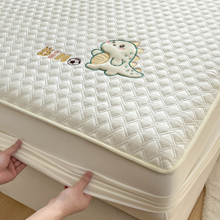 91家纺网 家纺一手货源 找家纺 万盛家纺 2025新款夹棉恐龙刺绣床笠 恐龙-菱形格 白