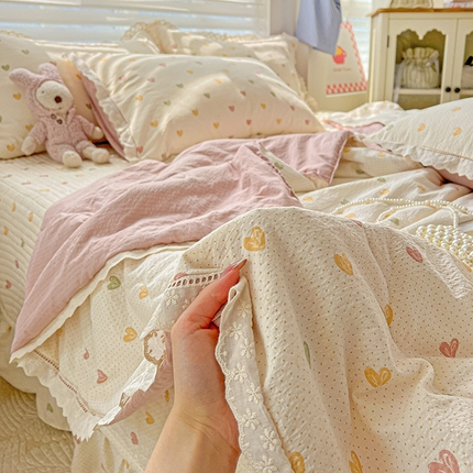 富米莱（原臻工厂） 2025新款云感亲肤棉床盖床裙夏凉被四件套-全棉镂空花边 心动
