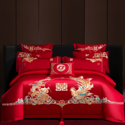 91家纺网 家纺一手货源 找家纺 蒂爵 2025新款婚庆新疆长绒棉绣花340系列四件套多件套 龙凤和美金