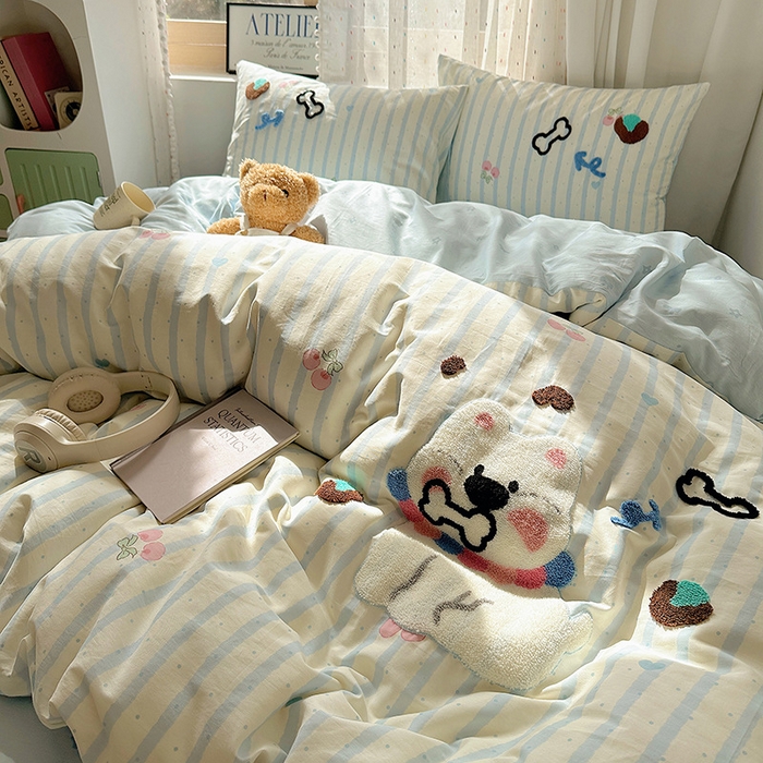 91家纺网 家纺一手货源 找家纺 澳梵家居 2025新款小清新全棉印花毛巾绣四件套 骨头小狗