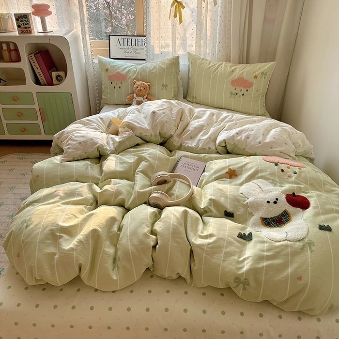 91家纺网 家纺一手货源 找家纺 澳梵家居 2025新款小清新全棉印花毛巾绣四件套 苹果兔兔