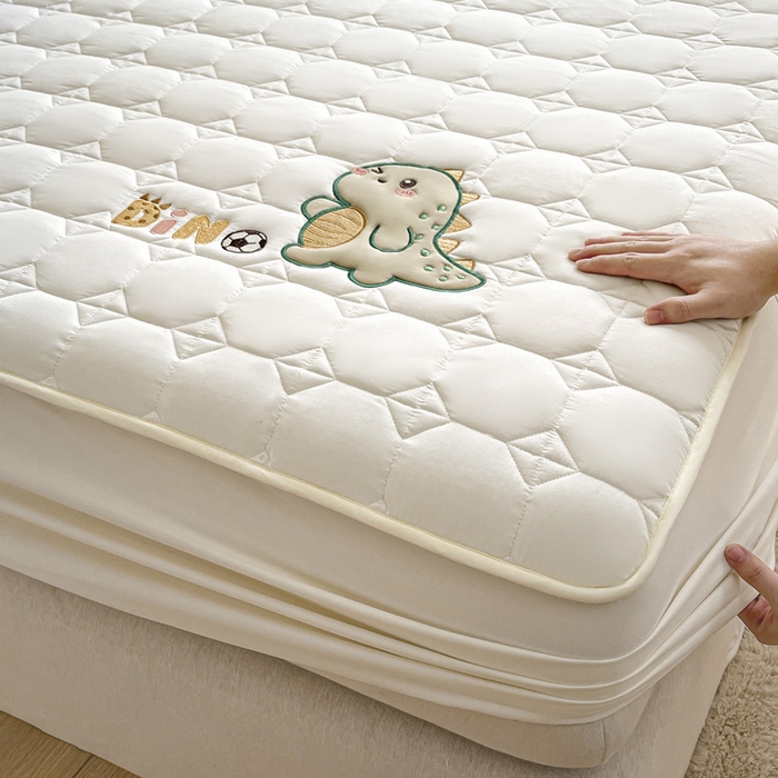 91家纺网 家纺一手货源 找家纺 万盛家纺 2025新款夹棉恐龙刺绣床笠 恐龙-方格  白