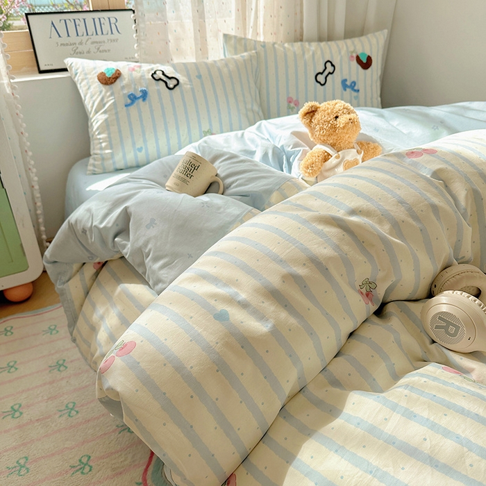 91家纺网 家纺一手货源 找家纺 澳梵家居 2025新款小清新全棉印花毛巾绣四件套 骨头小狗