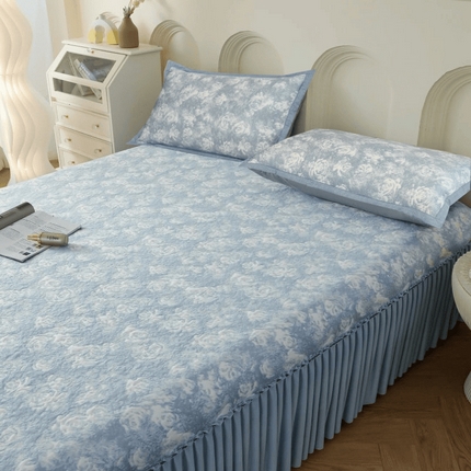 野马寝具跨境电商专供 2025新款玫瑰花床裙 蓝