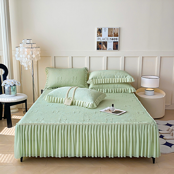 91家纺网 家纺一手货源 找家纺 2025新款复合三明治床裙款凉豆豆凉席三件套系列 约定-清香绿