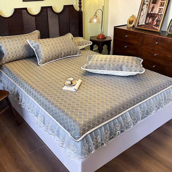 91家纺网 家纺一手货源 找家纺 麒豆豆 2025新款花边床笠款冰藤席-夏之语 花青