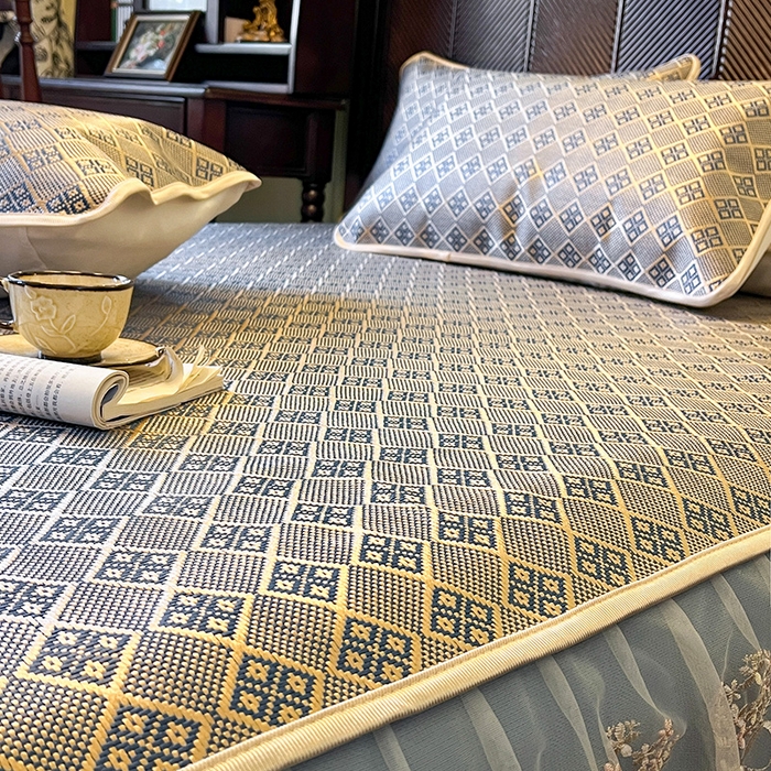 91家纺网 家纺一手货源 找家纺 麒豆豆 2025新款花边床笠款冰藤席-夏之语 花青