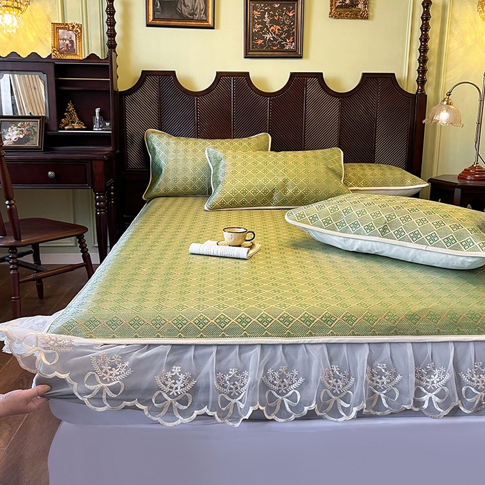 91家纺网 家纺一手货源 找家纺 麒豆豆 2025新款花边床笠款冰藤席-夏之语 葱绿