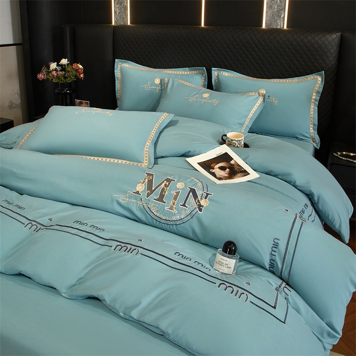 91家纺网 家纺一手货源 找家纺 佳宇轩 2025新款亲肤水洗棉刺绣四件套系列 简约时代-天青