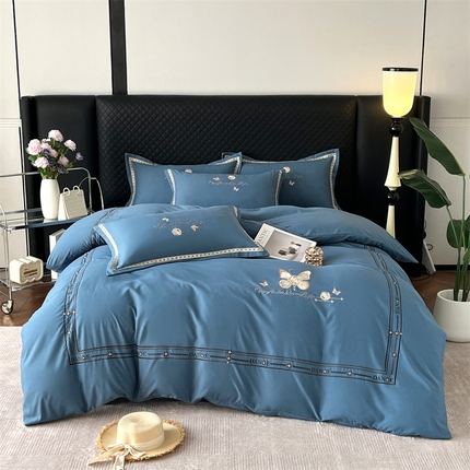 佳宇轩 2025新款亲肤水洗棉刺绣四件套系列 蝶梦-深蓝