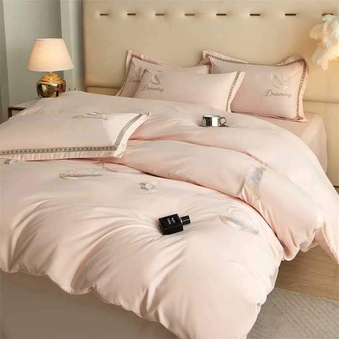 91家纺网 家纺一手货源 找家纺 佳宇轩 2025新款亲肤水洗棉刺绣四件套系列 蜜羽-嫩粉