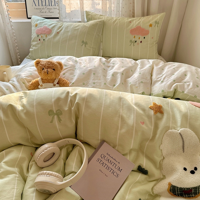 91家纺网 家纺一手货源 找家纺 澳梵家居 2025新款小清新全棉印花毛巾绣四件套 苹果兔兔