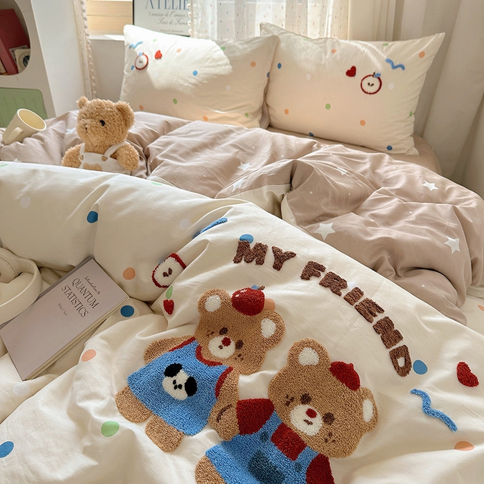 91家纺网 家纺一手货源 找家纺 澳梵家居 2025新款小清新全棉印花毛巾绣四件套 我的小熊朋友