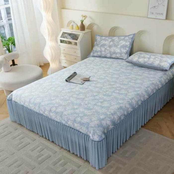 91家纺网 家纺一手货源 找家纺 野马寝具跨境电商专供 2025新款玫瑰花床裙 蓝