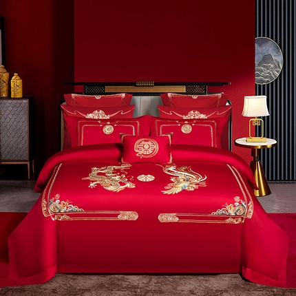 91家纺网 家纺一手货源 找家纺 蒂爵 2025新款婚庆新疆长绒棉绣花340系列四件套多件套 欢喜祥和