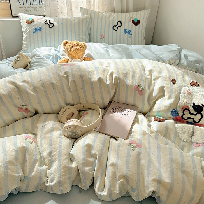 91家纺网 家纺一手货源 找家纺 澳梵家居 2025新款小清新全棉印花毛巾绣四件套 骨头小狗