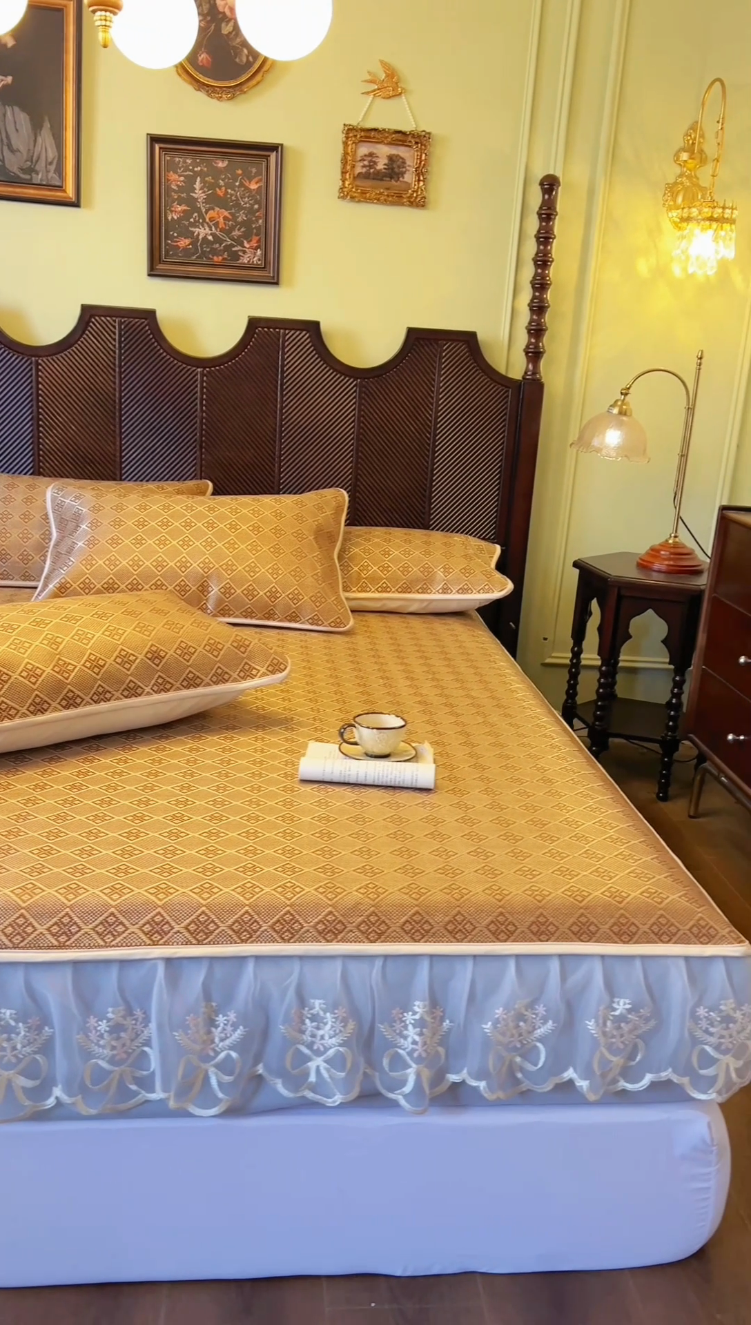 91家纺网 家纺一手货源 找家纺 麒豆豆 2025新款花边床笠款冰藤席-夏之语 茶色