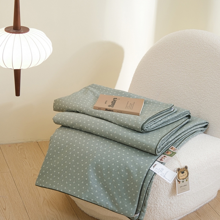 91家纺网 家纺一手货源 找家纺 U被家纺 2025新款全棉双层纱夏凉被茶歇系列 蝶花坊-绿