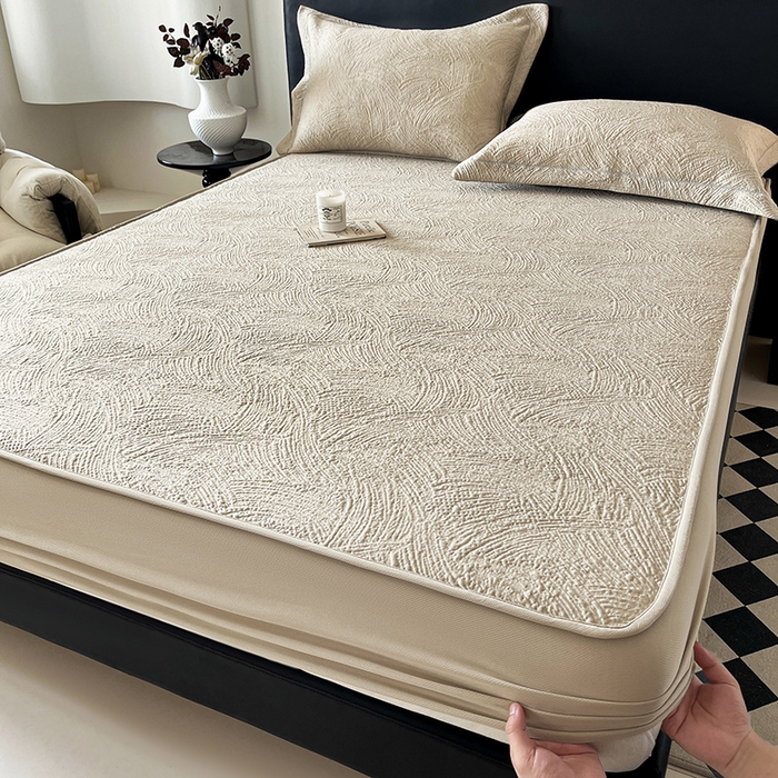 91家纺网 家纺一手货源 找家纺 蓝邻家纺 2025新款PE提花床笠凉席-涂鸦系列 涂鸦-香槟