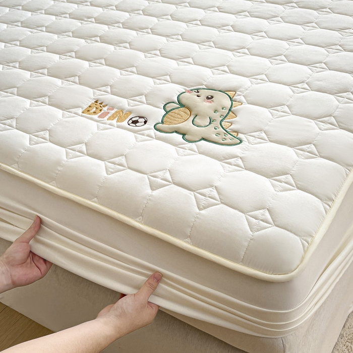 91家纺网 家纺一手货源 找家纺 万盛家纺 2025新款夹棉恐龙刺绣床笠 恐龙-方格  白