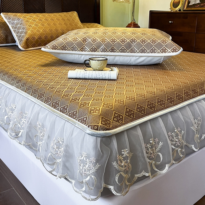 91家纺网 家纺一手货源 找家纺 麒豆豆 2025新款花边床笠款冰藤席-夏之语 茶色