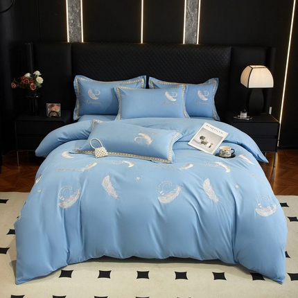 91家纺网 家纺一手货源 找家纺 佳宇轩 2025新款亲肤水洗棉刺绣四件套系列 蜜羽-湖蓝