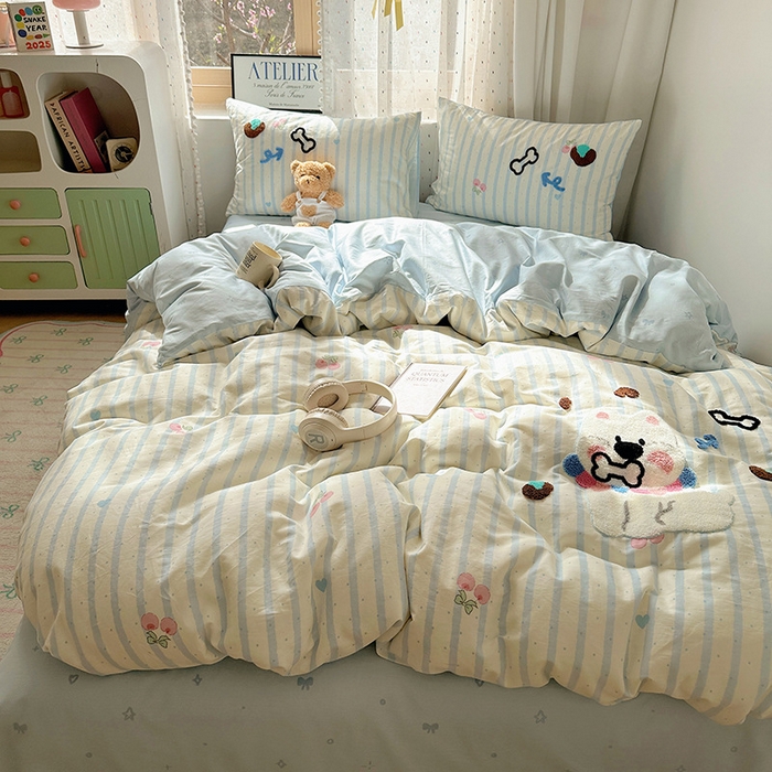 91家纺网 家纺一手货源 找家纺 澳梵家居 2025新款小清新全棉印花毛巾绣四件套 骨头小狗