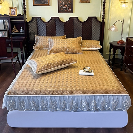 麒豆豆 2025新款花边床笠款冰藤席-夏之语 茶色