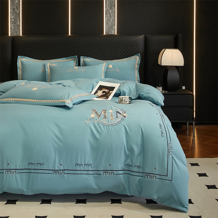 91家纺网 家纺一手货源 找家纺 佳宇轩 2025新款亲肤水洗棉刺绣四件套系列 简约时代-天青