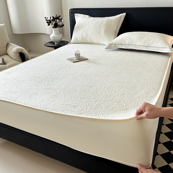 91家纺网 家纺一手货源 找家纺 蓝邻家纺 2025新款PE提花床笠凉席-涂鸦系列 涂鸦-米白