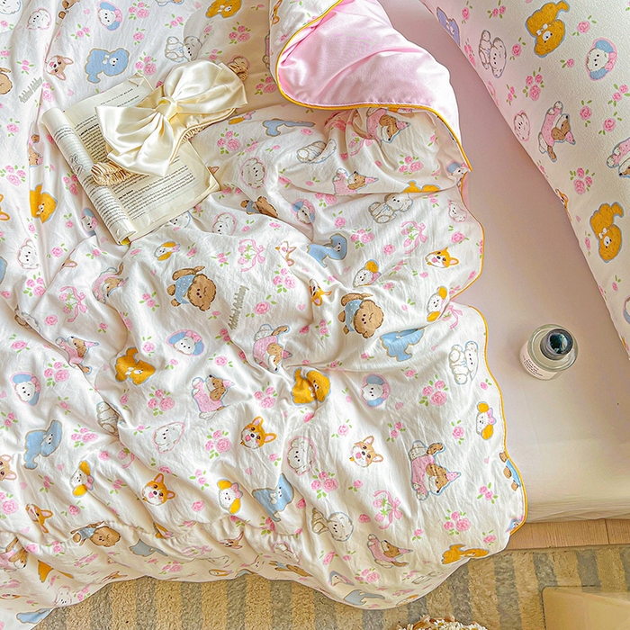 91家纺网 家纺一手货源 找家纺 玉海棠家纺 2025新款水洗皱皱纱印花夏被 被子被芯 灰蒙小狗