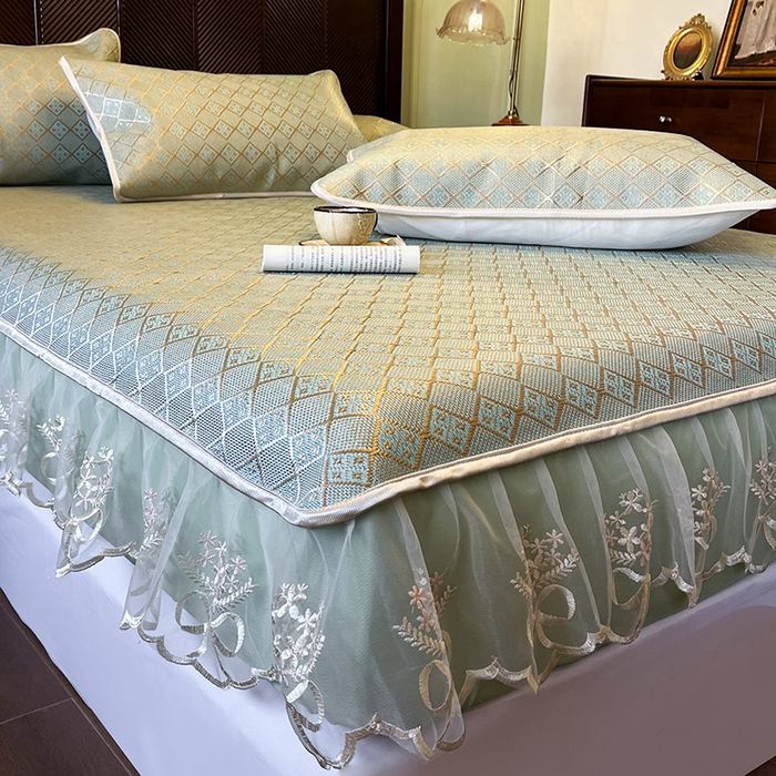 91家纺网 家纺一手货源 找家纺 网红馆 2025新款花边冰藤席凉席-夏之语床笠款 豆青