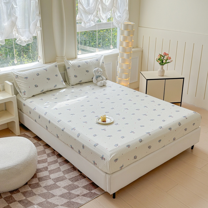 91家纺网 家纺一手货源 找家纺 2025新款全棉床单床笠 灰条小象 床笠款