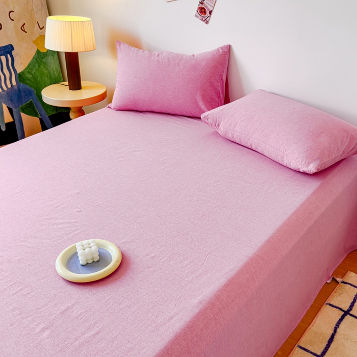 91家纺网 家纺一手货源 找家纺 2025新款全棉色织水洗棉床单床笠 玫红 床单款