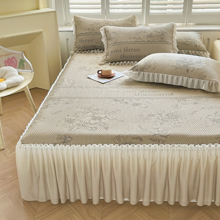 91家纺网 家纺一手货源 找家纺 2025新款冰豆豆凉感床裙凉席席子-花之恋系列冰豆豆床裙凉席-花之恋系列 花之恋-香槟金