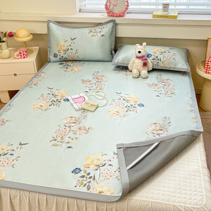 91家纺网 家纺一手货源 找家纺 慕澄家纺 2025新款小清新印花真冰藤系列凉席床席款 床席-陌上花开