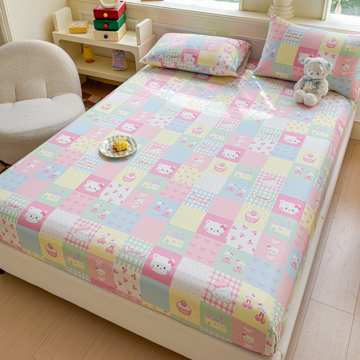 91家纺网 家纺一手货源 找家纺 2025新款全棉床单床笠 格子猫咪 床笠款