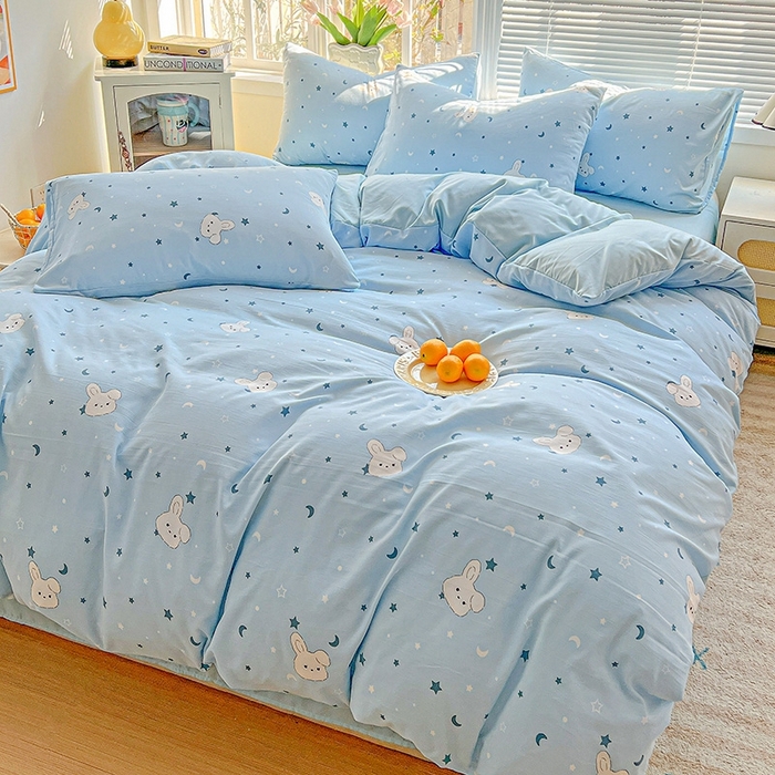 91家纺网 家纺一手货源 找家纺 2025水洗棉双层纱简约风ins风小碎花被套床单款床笠款三四件套-单被套 星空兔