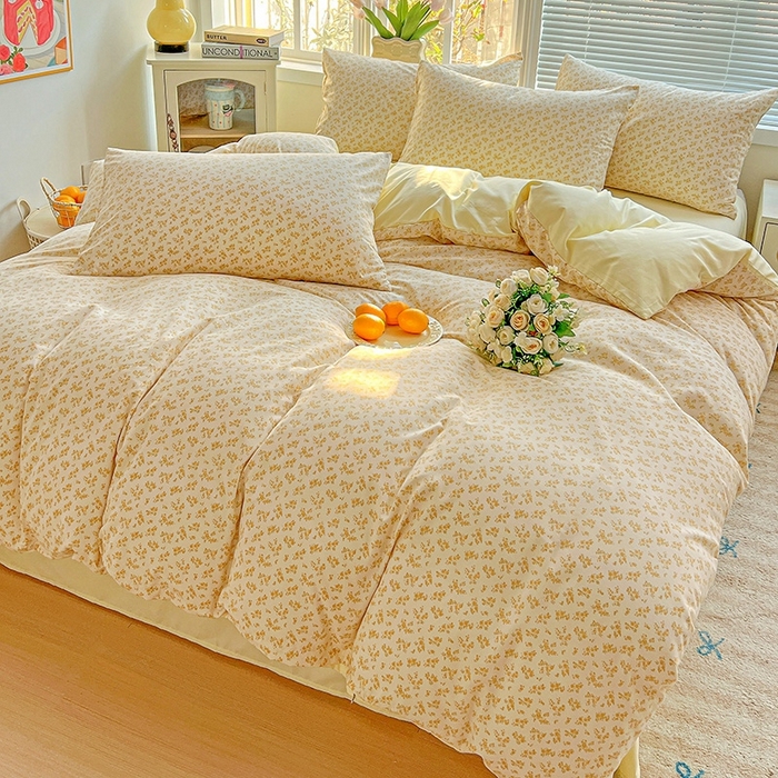 91家纺网 家纺一手货源 找家纺 2025水洗棉双层纱简约风ins风小碎花被套床单款床笠款三四件套-单被套 浅香