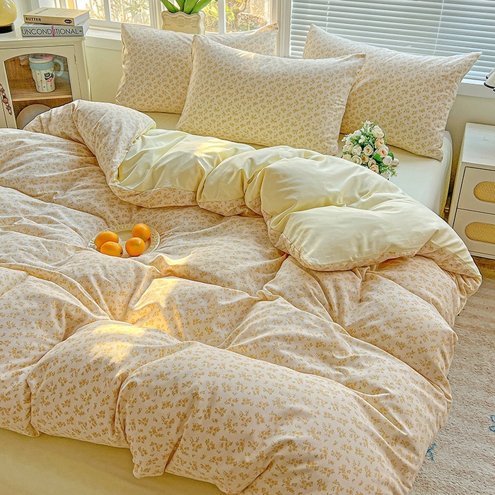 91家纺网 家纺一手货源 找家纺 2025水洗棉双层纱简约风ins风小碎花被套床单款床笠款三四件套-单被套 浅香