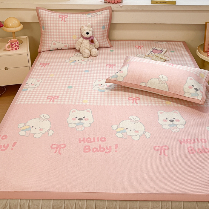 91家纺网 家纺一手货源 找家纺 慕澄家纺 2025新款小清新印花真冰藤系列凉席床席款 床席-格子奶芙芙