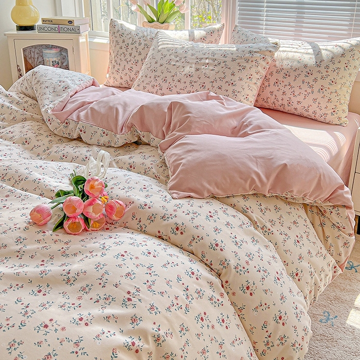 91家纺网 家纺一手货源 找家纺 2025水洗棉双层纱简约风ins风小碎花被套床单款床笠款三四件套-单被套 忘忧草