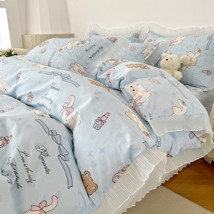 91家纺网 家纺一手货源 找家纺 添越 2024小清新韩版蕾丝花边纯棉夹棉床盖三件套全棉