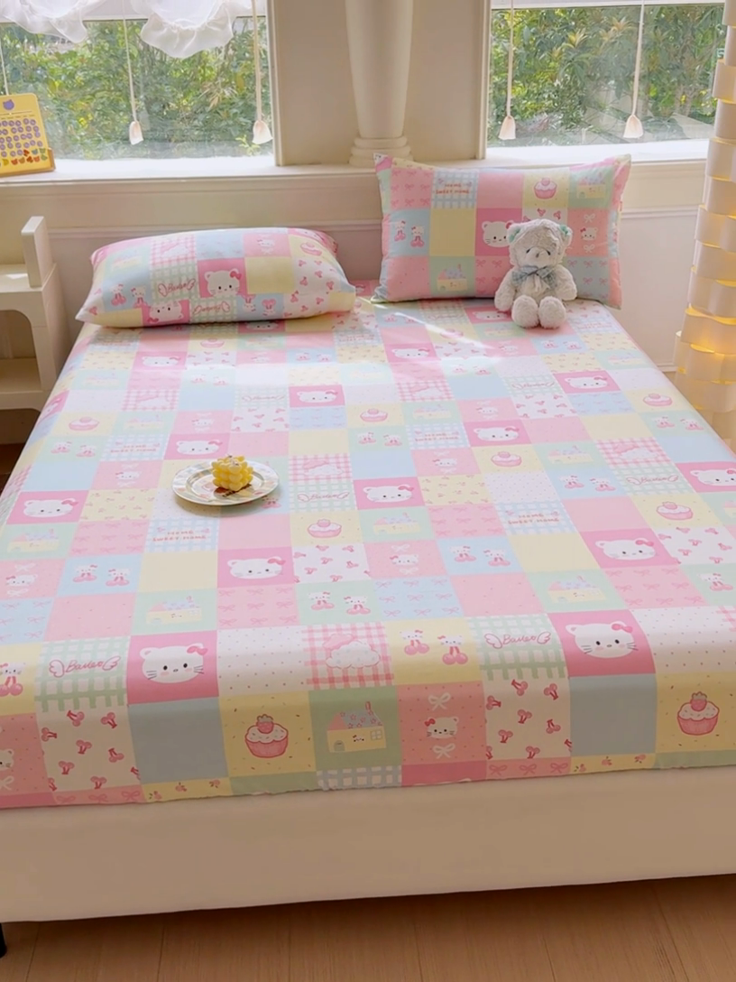 91家纺网 家纺一手货源 找家纺 2025新款全棉床单床笠 格子猫咪 床笠款