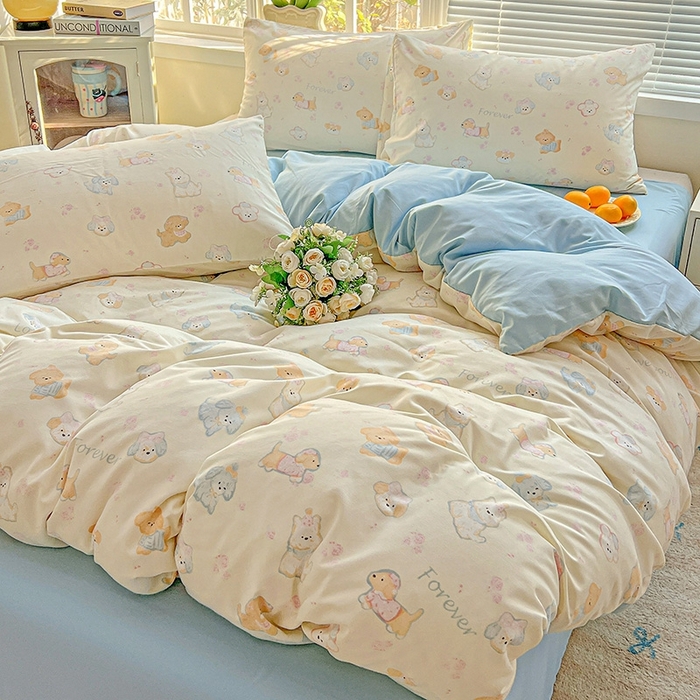 91家纺网 家纺一手货源 找家纺 2025新款水洗云朵糯糯棉简约风ins风小碎花被套床单款床笠款三四件套 萌宠