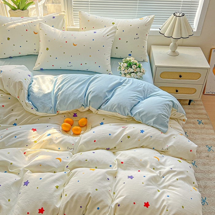 91家纺网 家纺一手货源 找家纺 2025新款水洗云朵糯糯棉简约风ins风小碎花被套床单款床笠款三四件套 星月